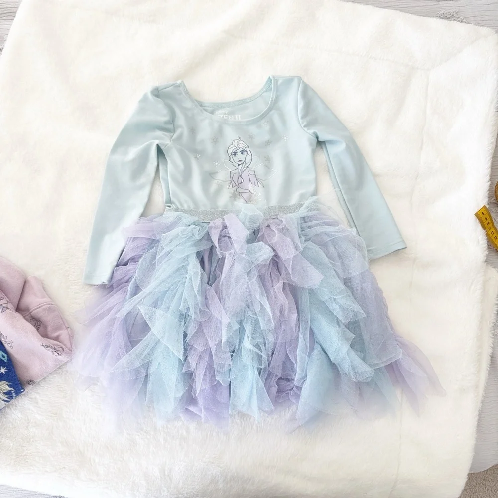 Disney Frozen II Elsa blue purple party dress, PJ, and sweatshirt bundle size 2T